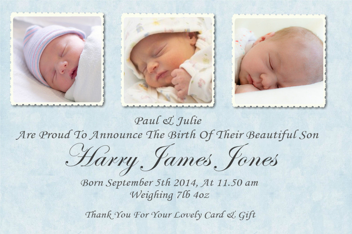 Beautiful & Elegant Blue 3 Photo Baby Annoucement cards, something to treasure for years to come. Ref AC3 blue