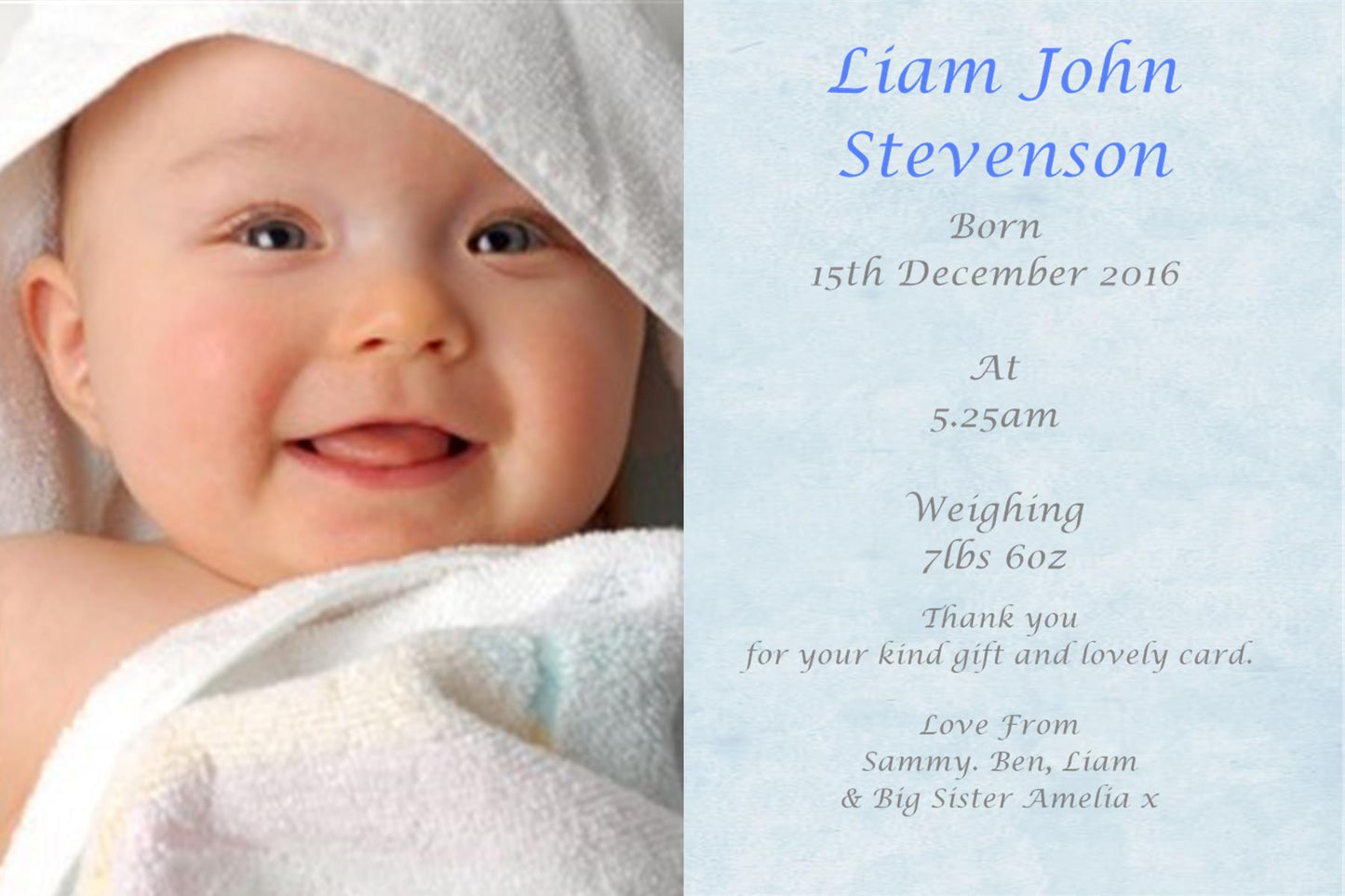 Beautiful Large Photo Blue Baby Annoucement cards, a lovely keepsake Ref AC6
