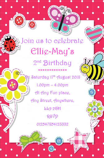 Personalised Butterfly, bee & flower Birthday party invitations REF B2 Any age can be done