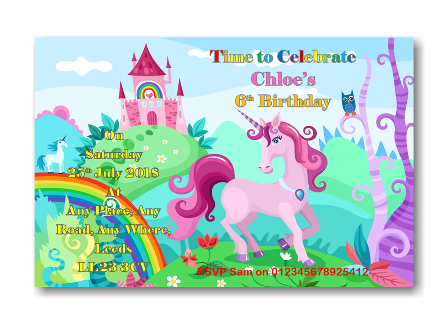 Personalised Unicorn rainbow colorful Birthday party invitations REF B50 Any age can be done