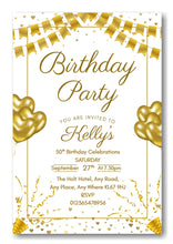 Load image into Gallery viewer, Gold & white party themed birthday party / celebration invitation REF B77 can be made for any age