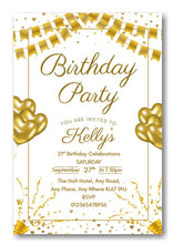 Load image into Gallery viewer, Gold & white party themed birthday party / celebration invitation REF B77 can be made for any age