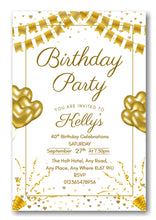 Load image into Gallery viewer, Gold & white party themed birthday party / celebration invitation REF B77 can be made for any age