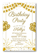 Load image into Gallery viewer, Gold & white party themed birthday party / celebration invitation REF B77 can be made for any age