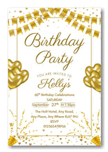 Load image into Gallery viewer, Gold & white party themed birthday party / celebration invitation REF B77 can be made for any age