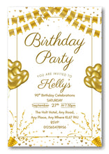 Load image into Gallery viewer, Gold & white party themed birthday party / celebration invitation REF B77 can be made for any age