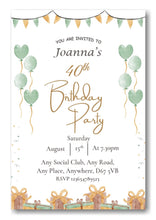 Load image into Gallery viewer, Mid green & white party themed birthday party / celebration invitation REF B78 can be made for any age