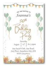 Load image into Gallery viewer, Mid green & white party themed birthday party / celebration invitation REF B78 can be made for any age