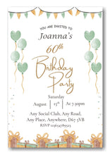 Load image into Gallery viewer, Mid green & white party themed birthday party / celebration invitation REF B78 can be made for any age