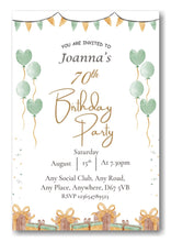 Load image into Gallery viewer, Mid green & white party themed birthday party / celebration invitation REF B78 can be made for any age