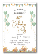 Load image into Gallery viewer, Mid green & white party themed birthday party / celebration invitation REF B78 can be made for any age