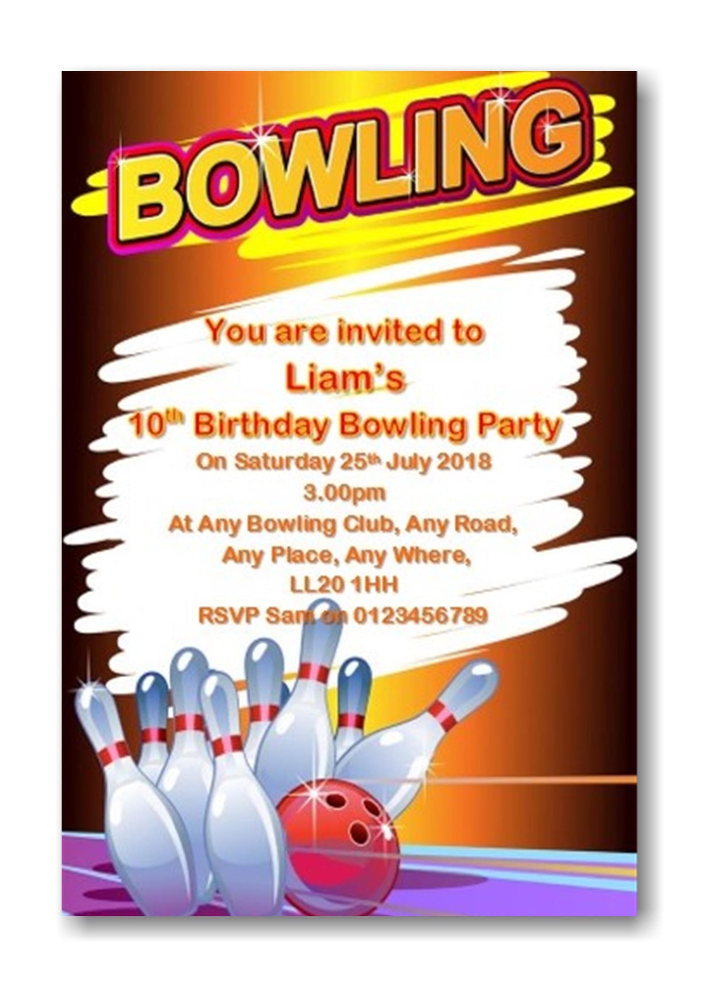 Personalised Bowling colorful bright Birthday party invitations REF BB1 Any age can be done