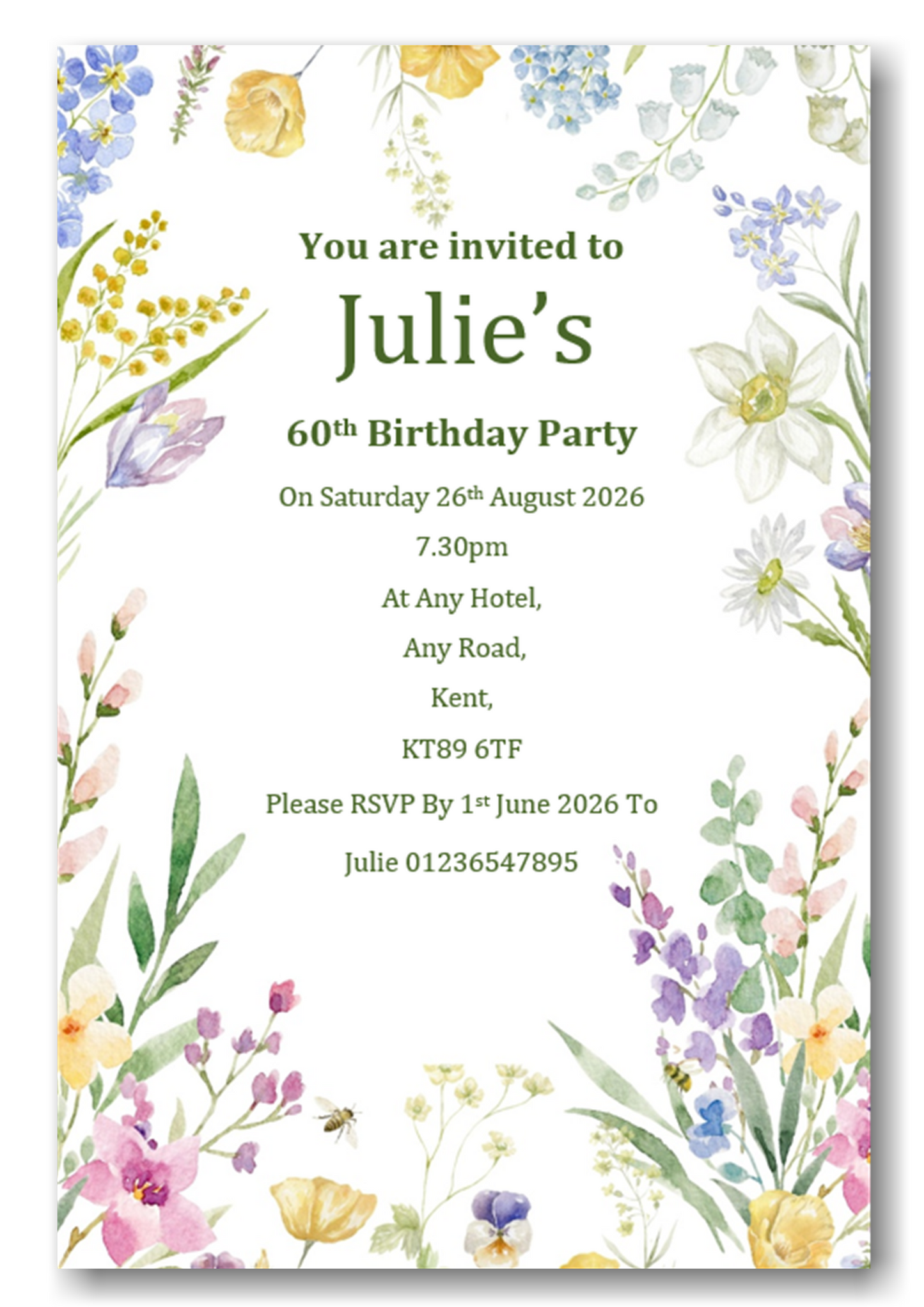Personalised Beautiful Wild Flower Floral Birthday Party Invitations Ref BD123