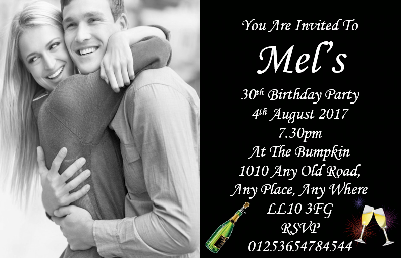 Beautiful black personalised birthday invitation with large photo with white coloured font REF BD17 can be made for any age & surprise can be added