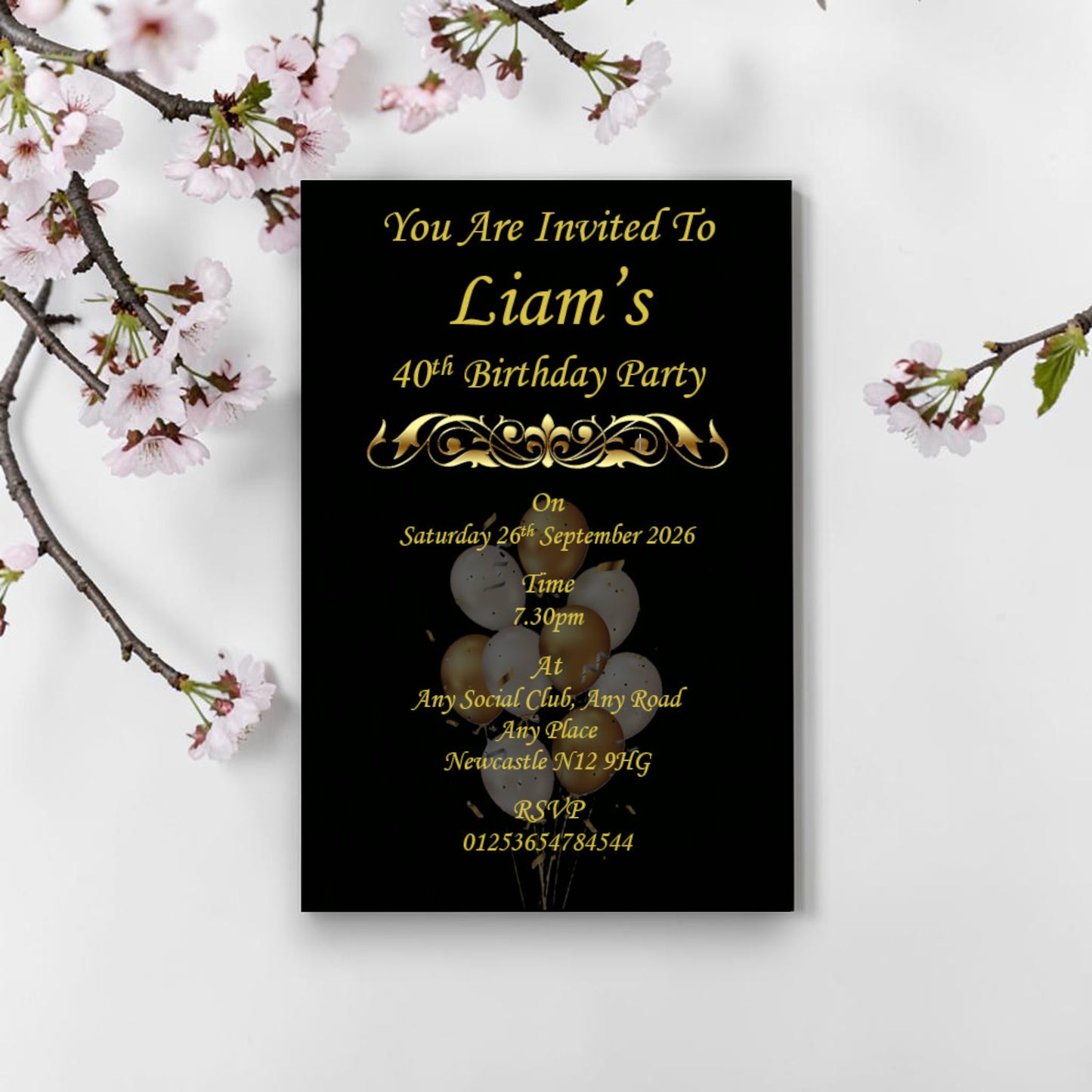 Personalised Black & Gold Birthday Party Invitations Ref BD18