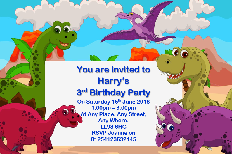 Dinosaur Personalised colorful bright Birthday party invitations REF BD22 Any age can be done