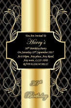 Load image into Gallery viewer, Personalised black & gold birthday party invitation REF BG9 can be made for any age & surprise can be added