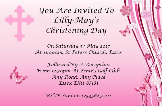 Stylish Christening & Baptism Invitation, pink with butterfly design Ref C72