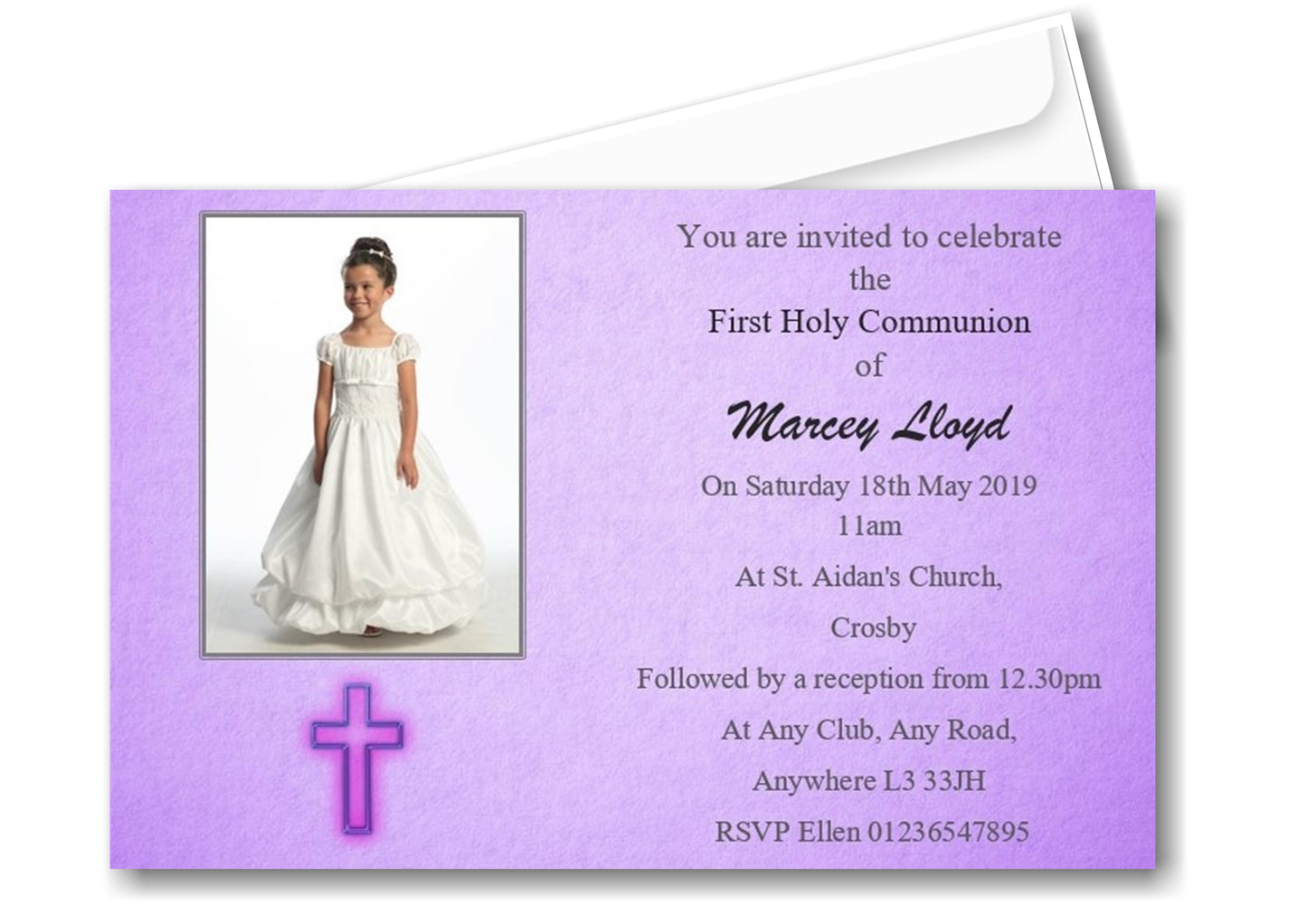 Elegant Girls Dark Lilac Holy Communion Invitation, timeless design with photo of your child Ref C9