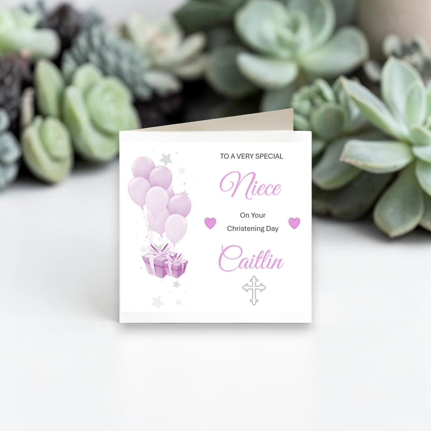 Personalised Christening Card Balloom Design Lilac & White - CD12