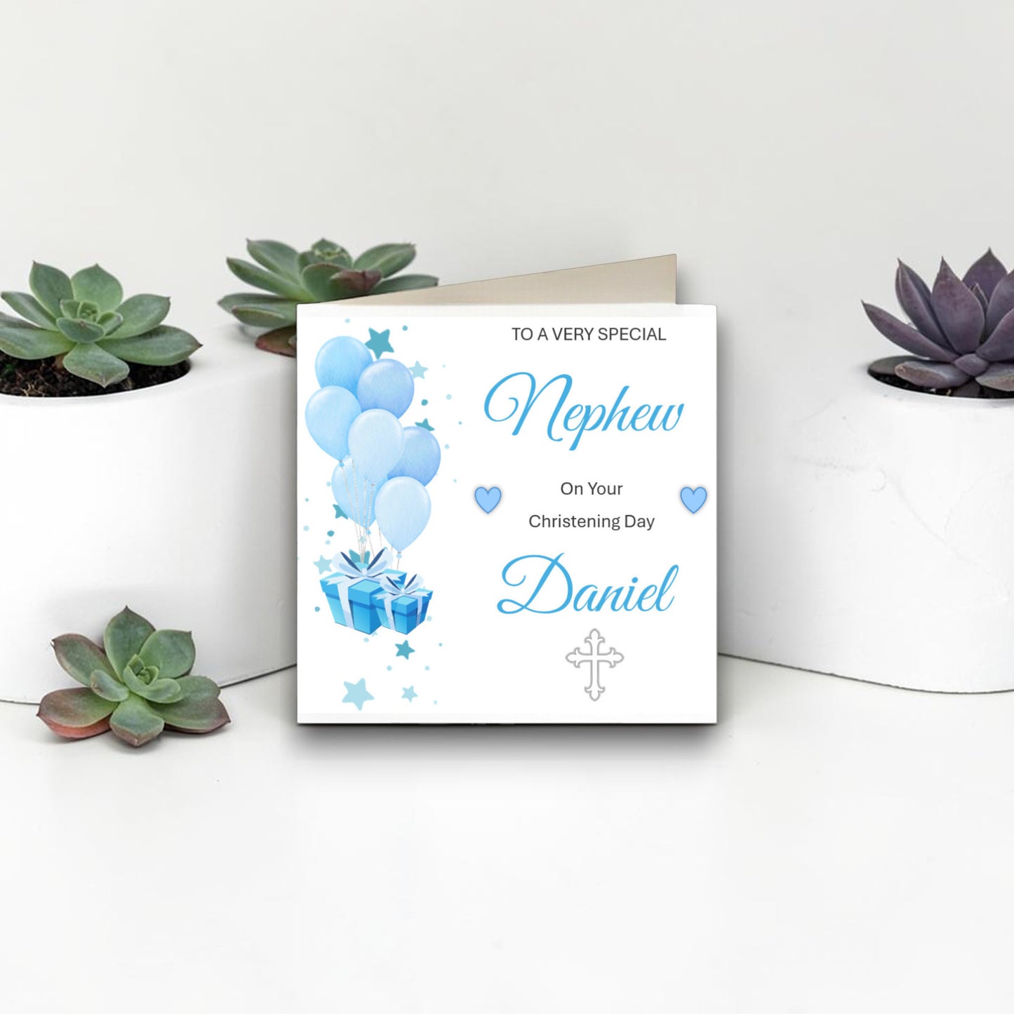 Personalised Christening Card Balloom Design Blue & White - CD13
