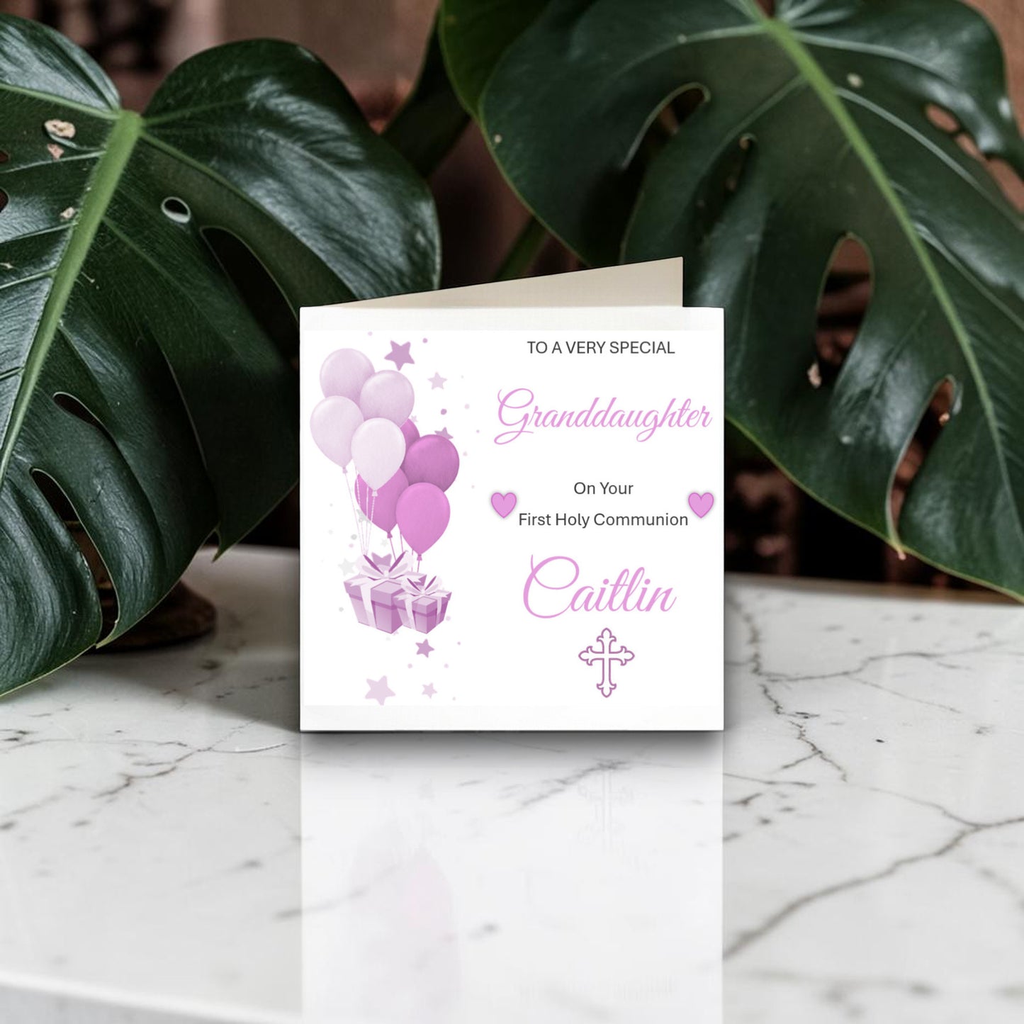 Personalised First Holy Communion Greeting Card Lilac and White Balloon Design - CH2
