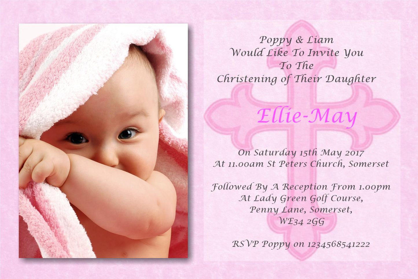 Beautiful Pink Christening & Baptism Invitation, a stunning invitation with a large photo of your child. Ref CH11 pink