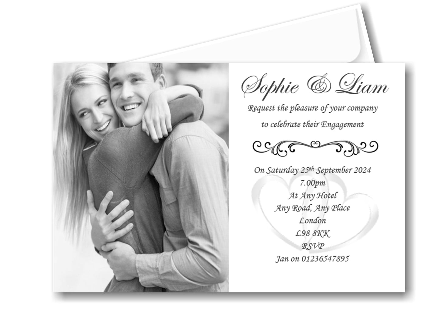 Large photo Engagement Invitation, with a white background and fancy clear wording elegant and stylish Ref E12