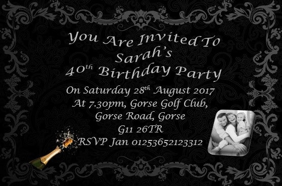 Black personalised birthday invitation with photo REF L12 can be made for any age & surprise can be added