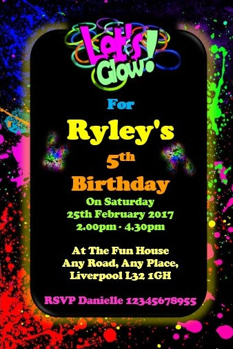 personalised colourful lets glow Birthday party invitations REF lets glow Any age can be done