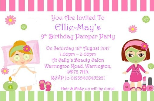 Pink & White personalised pamper Birthday party invitations REF P2 Any age can be done