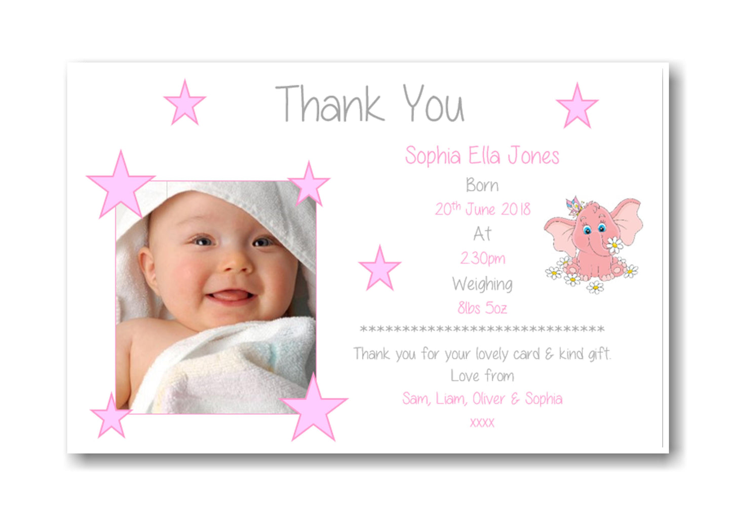 Beautiful Pink & White Baby Thank You Cards, with photo a truly lovely way to say "Thank you for your babys gift & card" Ref TY8