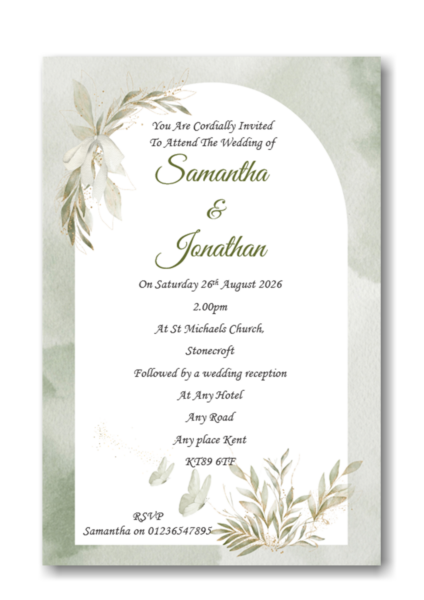 Beautiful Olive Green Wedding Day Invitation Ref WD82
