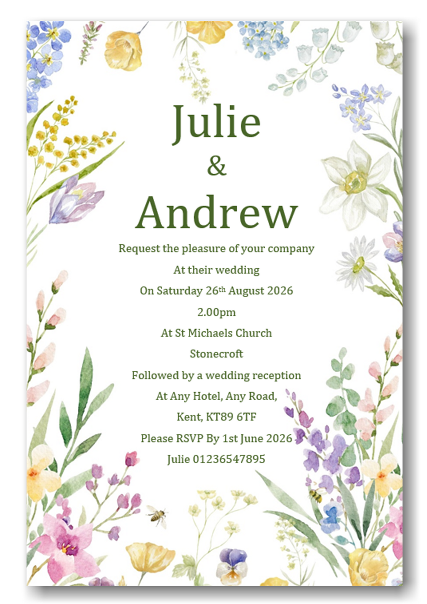 Beautiful Wild Flower Floral Wedding Day Invitation Ref WD83