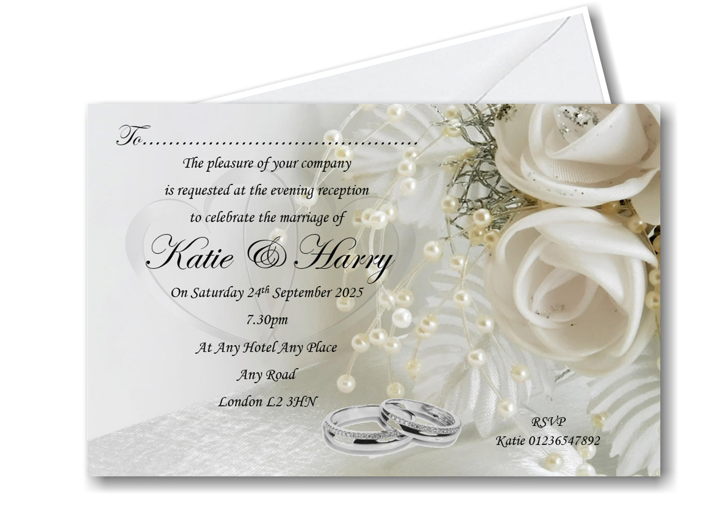 Beautiful White Rose Write On Wedding Evening Invitation Ref WE8