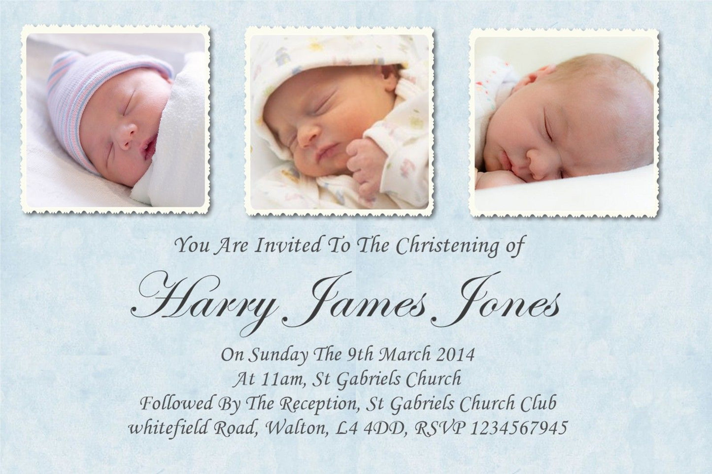 Beautiful, Classy 3 photo Christening & Baptism Invitation, in blue a truly unique invitation Ref C1