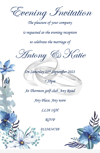 Wedding Day Evening Invitation Ref WE66 blue and white floral design