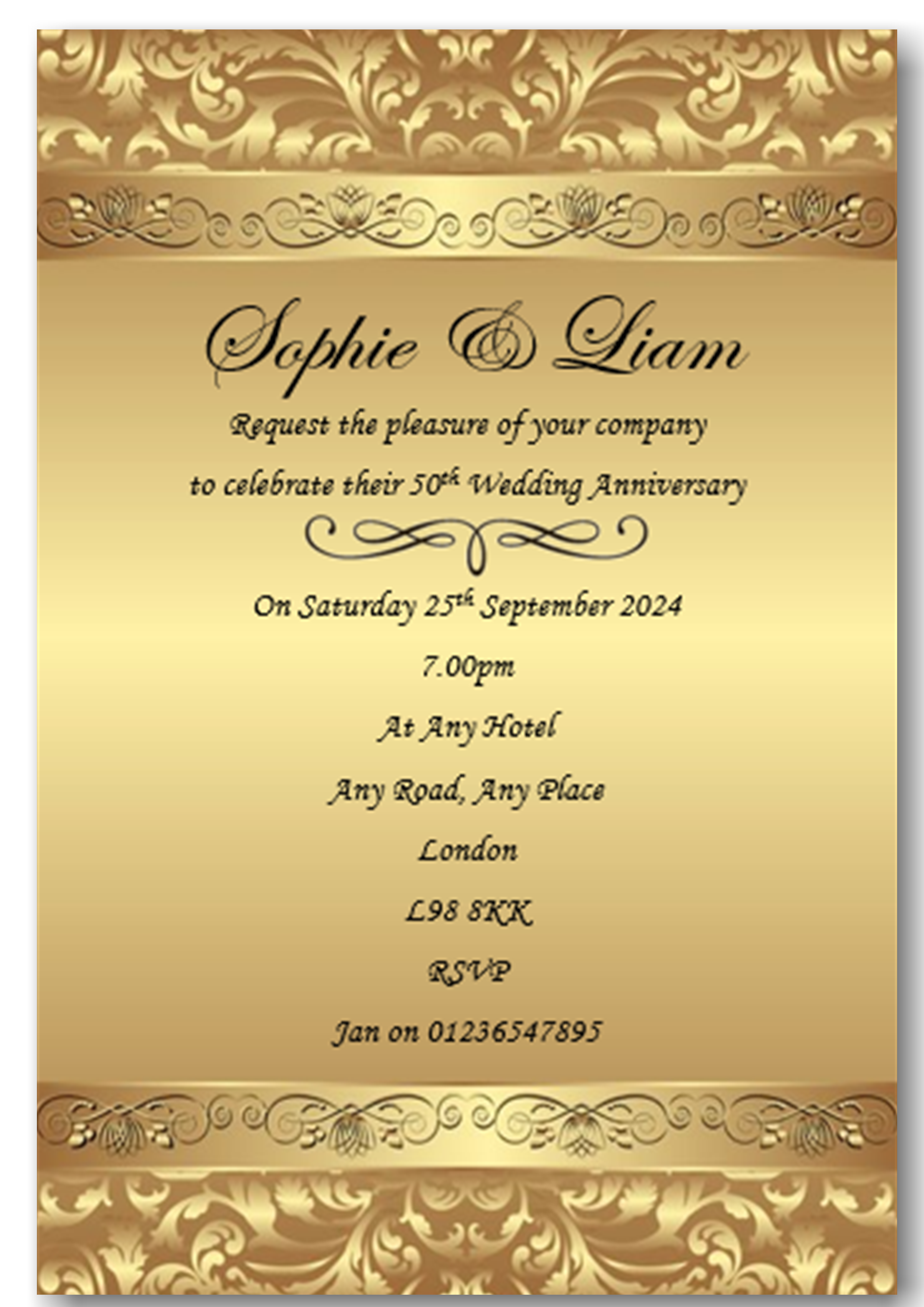 Beautiful Golden Wedding Anniversary Invitations Personalised REF A12