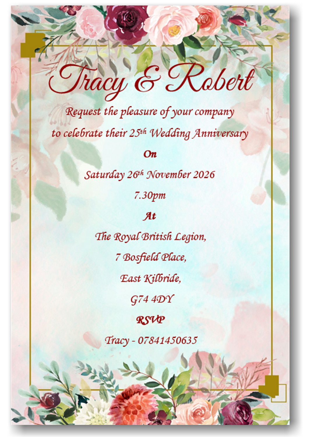 Beautiful Floral Wedding Anniversary Invitations Personalised REF A17