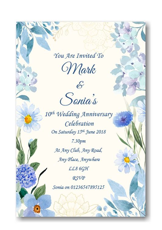 Beautiful Blue Floral Wedding Anniversary Invitations Ref AV81
