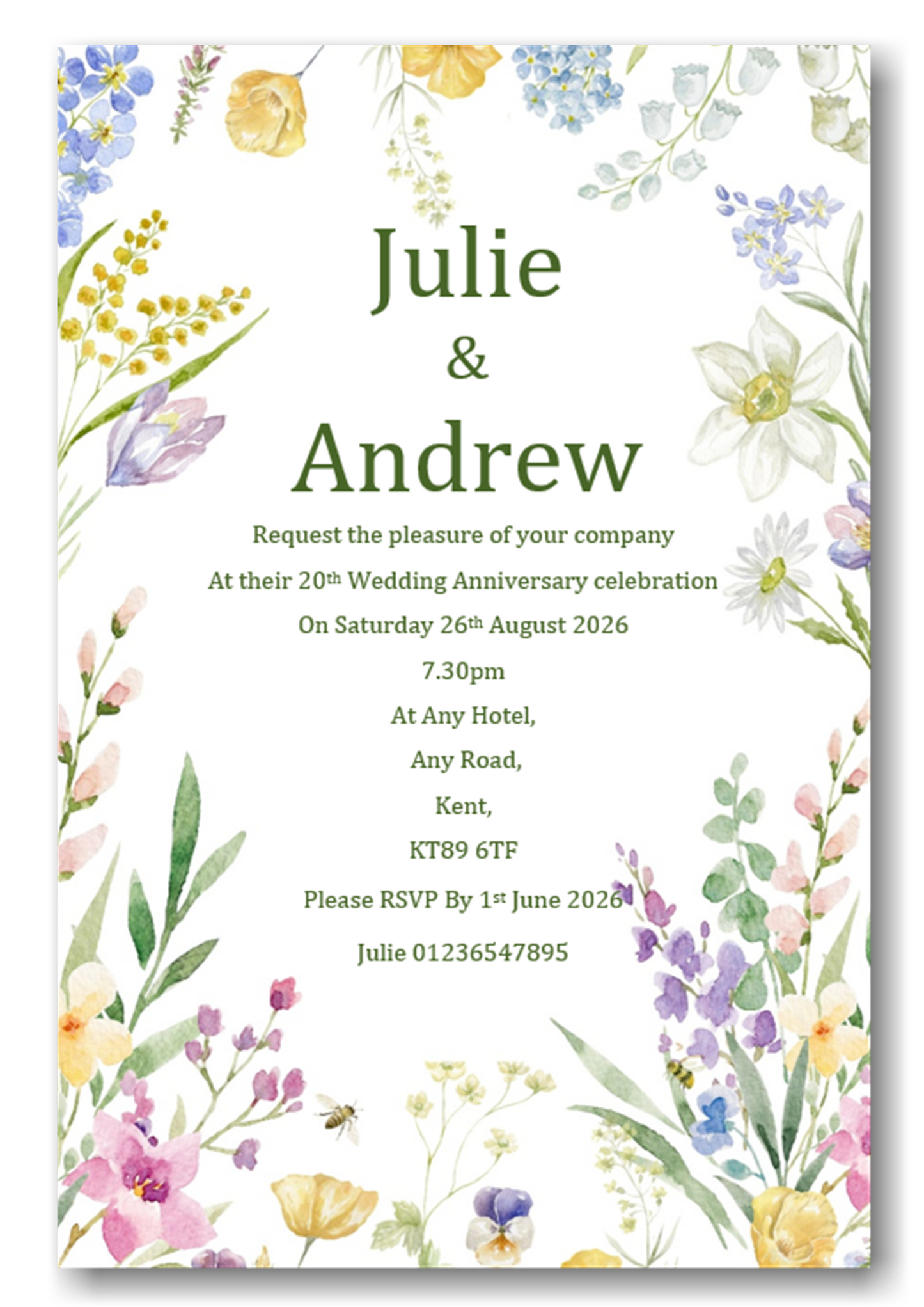 Beautiful Wild Flower Floral Wedding Anniversary Invitations Personalised REF AV83