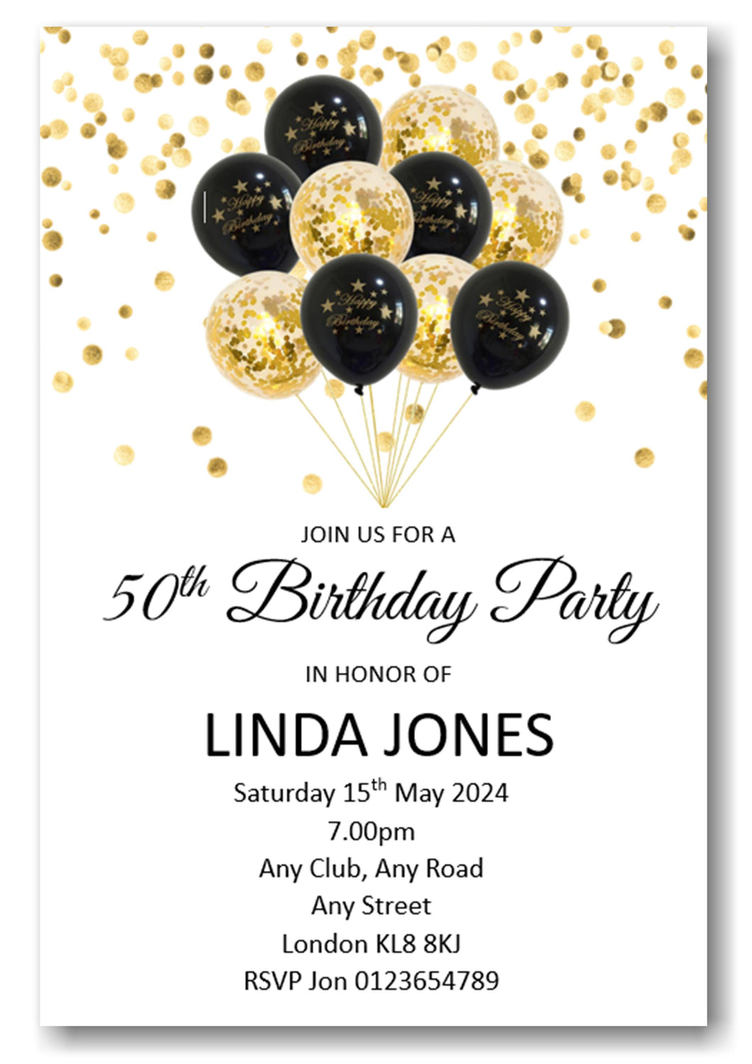 Black & Gold Balloon Birthday Party Invitations Surprise Can Be Added Ref BD102