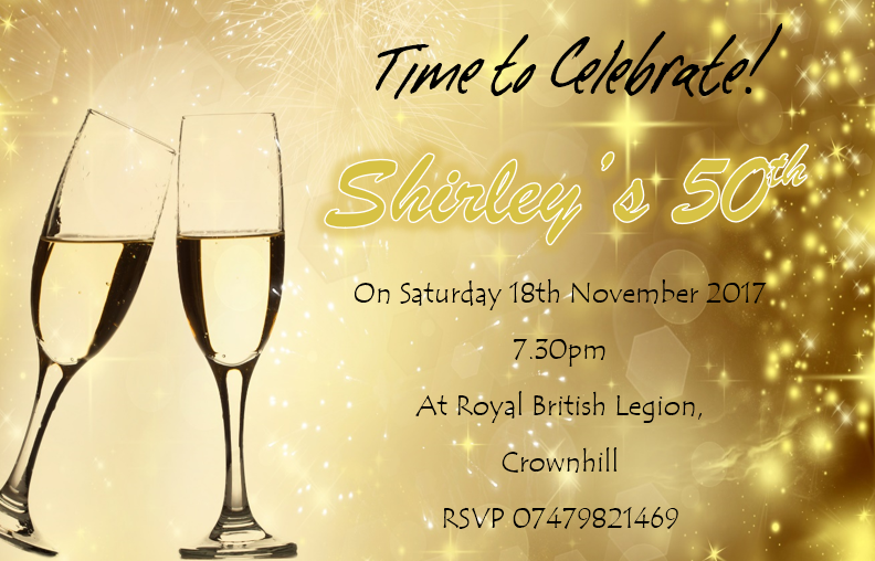 Personalised gold birthday party invitation REF B105 can be made for any age & suprise can be added