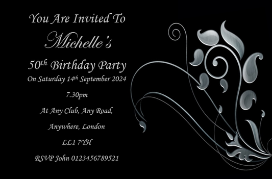Black & grey personalised birthday party / celebration invitation REF B108 can be made for any age