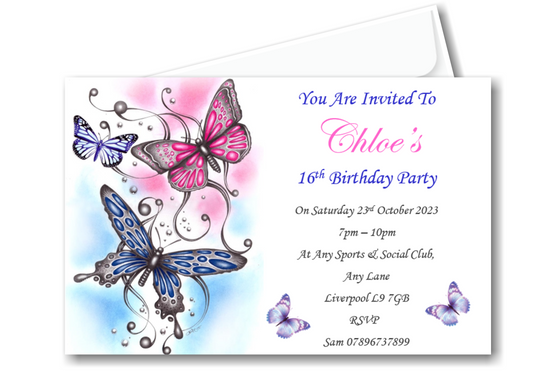 Personalised pink & white butterfly Birthday party invitations REF B114 Any age can be done