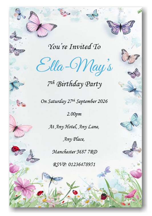 Personalised Cute Butterfly design Birthday Party Invitations Ref B116