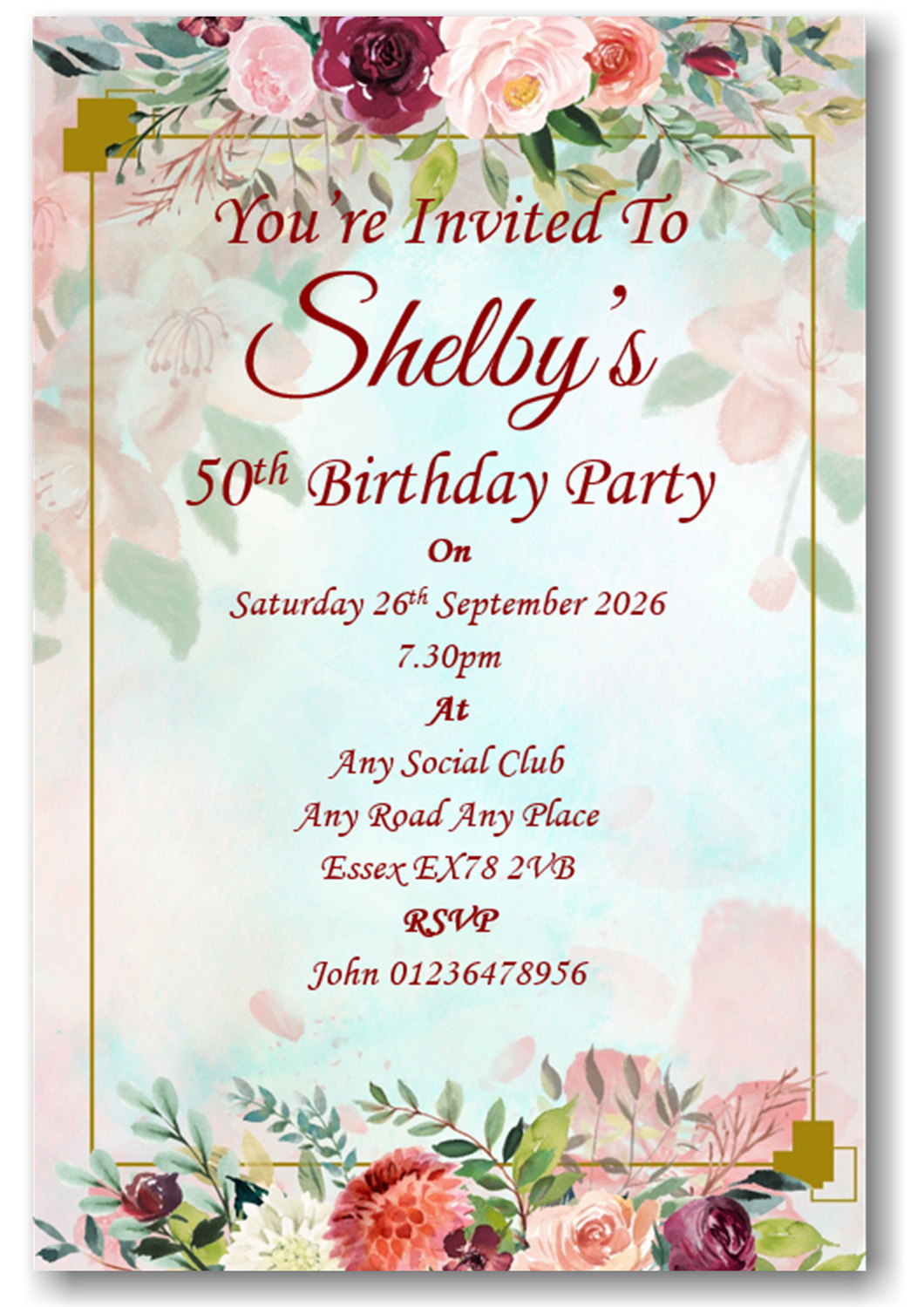 Personalised Beautiful Floral Birthday Party Invitations Ref B118