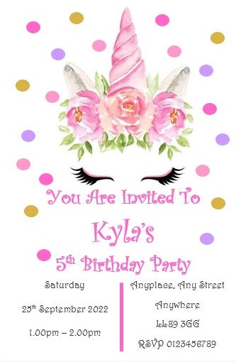 Personalised pink unicorn Birthday party invitations REF B4 Any age can be done