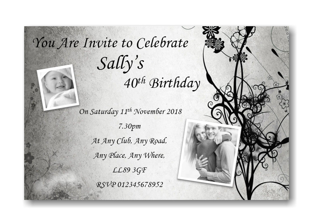 Grey personalised birthday party invitation with two photo's on REF B54 can be made for any age surprise can be added
