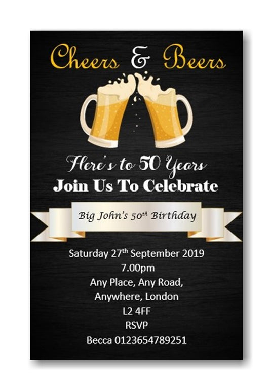 Cheers & Beers personalised birthday party invitation REF B62 can be made for any age surprise can be added